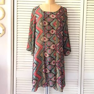 Curvesque Womens Dress 1X Tan Brown Green Semi-Sheer Bell Sleeve Lightweight